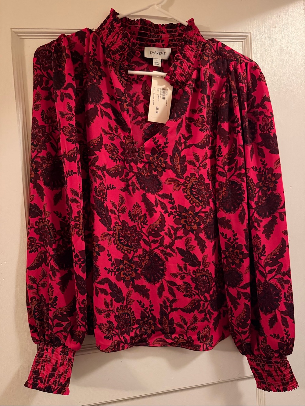Evereve Pink Floral Smocked Neck Blouse